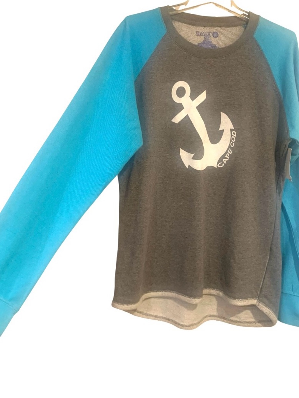 Dari Cape Cod Anchor Graphic Tee Shirt Grey Body Blue Long Sleeve Women Size 2XL